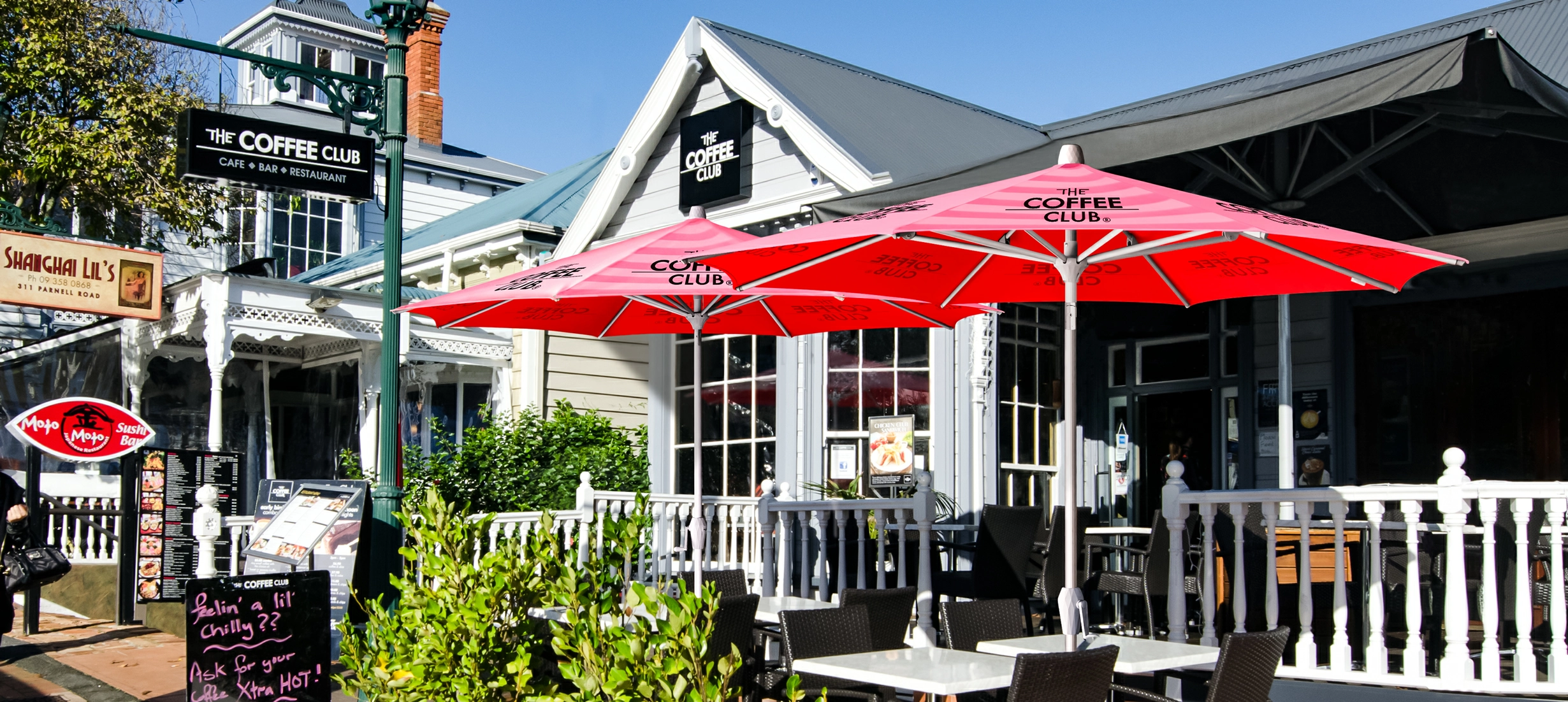 Sloping Umbrellas Outside Restaurant